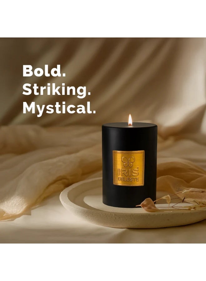 IRIS CELESTE Black Oud Scented Pillar Candle 3 inch- 320grams, 11oz| 40 hours Burn-time | Warm Woody Fragrance | Perfect for Festivities & Gifting, Ceremonies, Meditation & Room Perfuming - Image 2